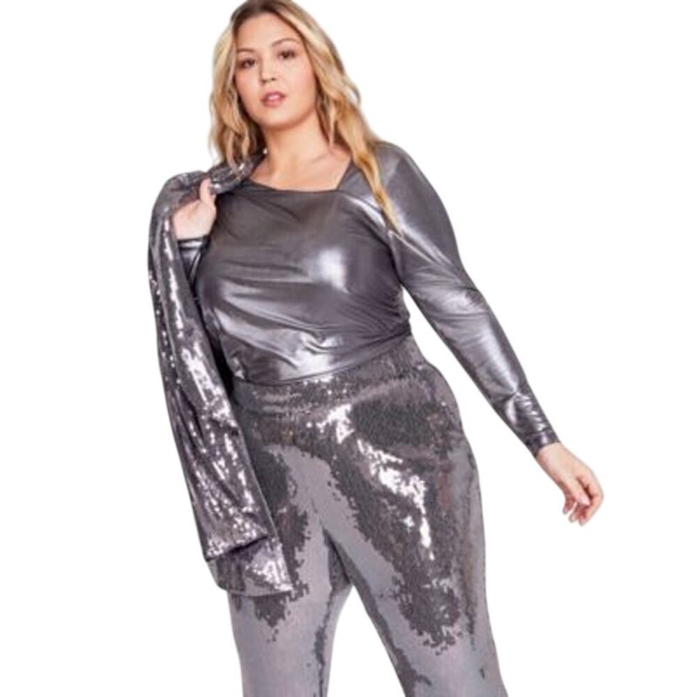 INC International Concepts Women's Asymmetrical Neckline Top in Silver Metallic